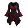 Haut gothique pour Halloween, haut long à lacets avec ourlet mouchoir et tête de mort colorblock - Rouge foncé M | US 6