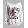 Sweat-shirt gothique pour Halloween, haut à col oblique avec imprimé tête de mort et roses - Blanc XXL | US 14
