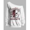 Sweat-shirt gothique pour Halloween, haut à col oblique avec imprimé tête de mort et roses - Blanc XXL | US 14