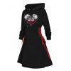Robe à capuche gothique, mini-robe à lacets et cordons de serrage, imprimé cœur et tête de mort - Noir XXL | US 14