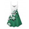 Robe de vacances à imprimé floral et feuilles, mini-robe à bretelles spaghetti colorblock - Vert profond XXXXXL | US 20