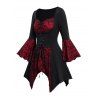 Haut gothique pour Halloween, haut long à lacets avec ourlet mouchoir et tête de mort colorblock - Rouge foncé XXL | US 14