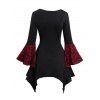Haut gothique pour Halloween, haut long à lacets avec ourlet mouchoir et tête de mort colorblock - Rouge foncé XXL | US 14
