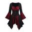 Haut gothique pour Halloween, haut long à lacets avec ourlet mouchoir et tête de mort colorblock - Rouge foncé XXL | US 14