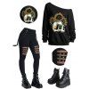 Gothic Outfit Floral Skulls Print Sweatshirt and Grommet Chain Pants Boots Set - Noir S | US 4