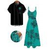 Vacation Couple Outfit Tropical Leaf Print Pocket Long Dress and Shirt Beach Set - Vert S | US 4