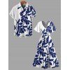 Vacation Couple Outfit for Beach Leaf Plant Print Midi Slit Dress and Shirt Set - Bleu profond S | US 4