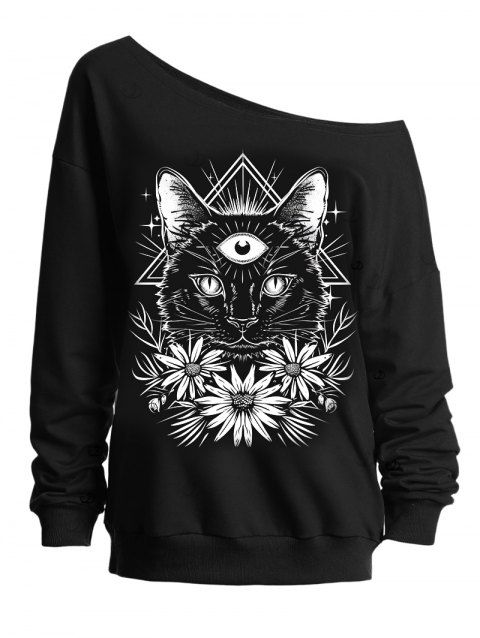 Sweat-shirt gothique à col oblique avec imprimé floral et motif chat, triangle et marguerite