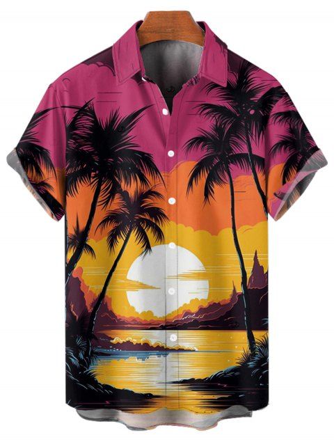 Chemise de vacances pour homme, imprimé cocotiers et coucher de soleil, idéale pour la plage