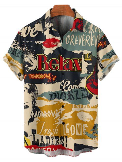 Men's Vintage Shirt Colorblock Letter Posters Style Print Button Up Shirt
