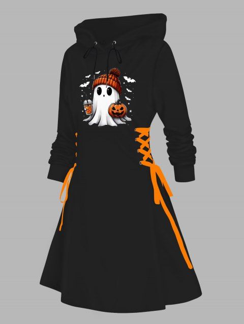 Robe à capuche d'Halloween, mini-robe à lacets et cordons de serrage, imprimé citrouille fantôme