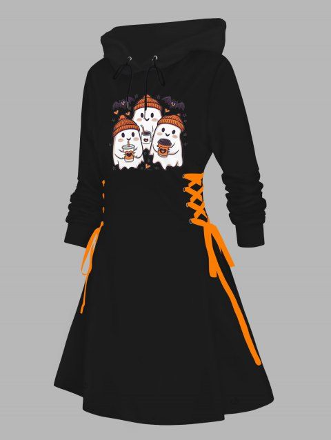 Robe à capuche d'Halloween, mini-robe à lacets et cordons de serrage, imprimé fantôme chauve-souris