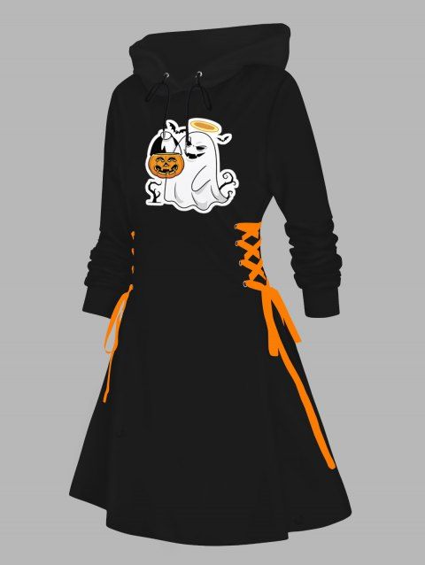 Robe à capuche d'Halloween, mini-robe à lacets et cordons de serrage, imprimé fantôme citrouille