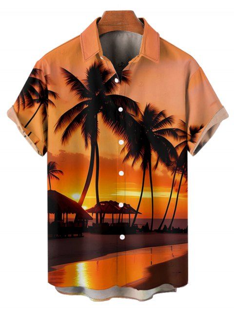 Chemise de plage boutonnée pour homme, imprimé cocotiers et coucher de soleil