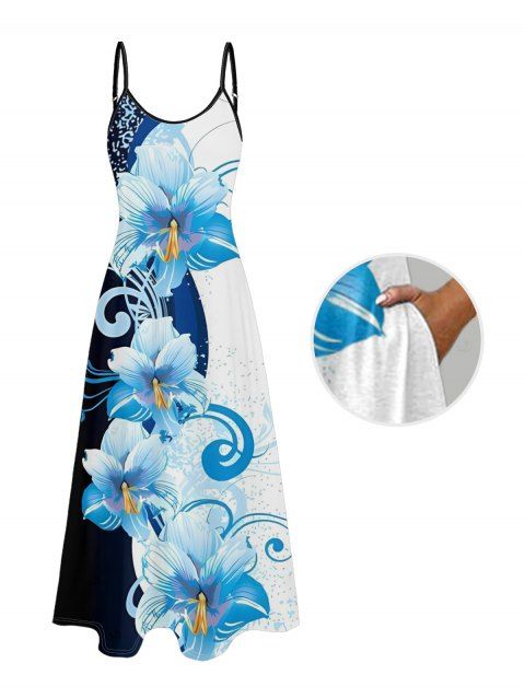 Robe de vacances à imprimé floral contrasté et poches, robe longue à bretelles spaghetti