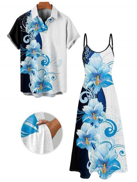 Vacation Couple Outfit Contrast Color Floral Print Pocket Long Dress and Shirt Set