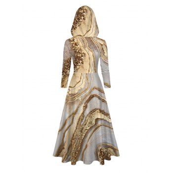 Marble Print Hooded Long Sleeve Top High-Low Drawstring Hooded Long Sleeve Top