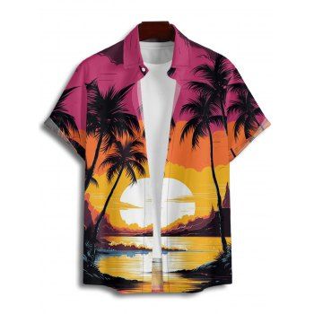 Vacation Couple Outfit for Beach Coconut Tree Sunset Print Dress and Shirt Set
