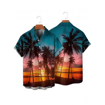 Vacation Couple Outfit Beach Landscape Coconut Tree Print Pocket Dress and Shirt Set