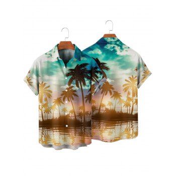 Beach Couple Outfit Coconut Tree Sunlight Print Mini Dress and Shirt Vacation Set