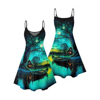 Forest Landscape Print Vacation Dress Spaghetti Strap Mini Dress