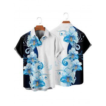 Vacation Couple Outfit Contrast Color Floral Print Pocket Long Dress and Shirt Set
