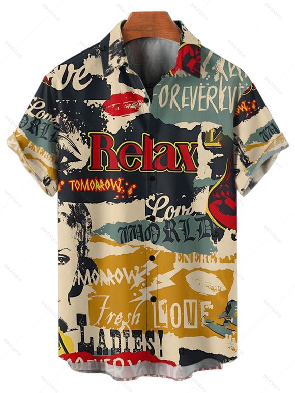 Chemise boutonnée vintage pour homme, imprimé lettres colorblock, style affiches - multicolor 5XL