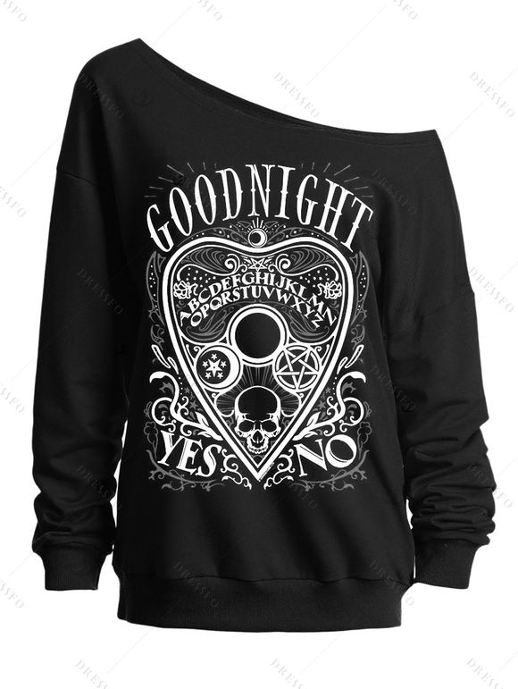 Sweat-shirt gothique à col incliné avec imprimé tête de mort, lettre et cœur - Noir XXL | US 14