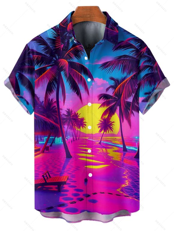 Chemise de plage pour homme, imprimé paysage de cocotiers, chemise de vacances - Rouge Rose XXXXXL | US 20