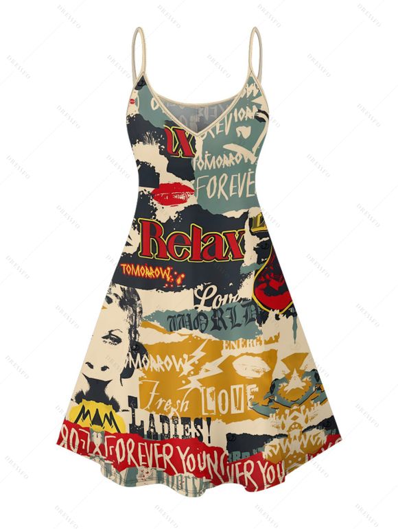 Robe vintage à imprimé mini-robe colorblock avec lettres et affiches - multicolor XXXXXL | US 20