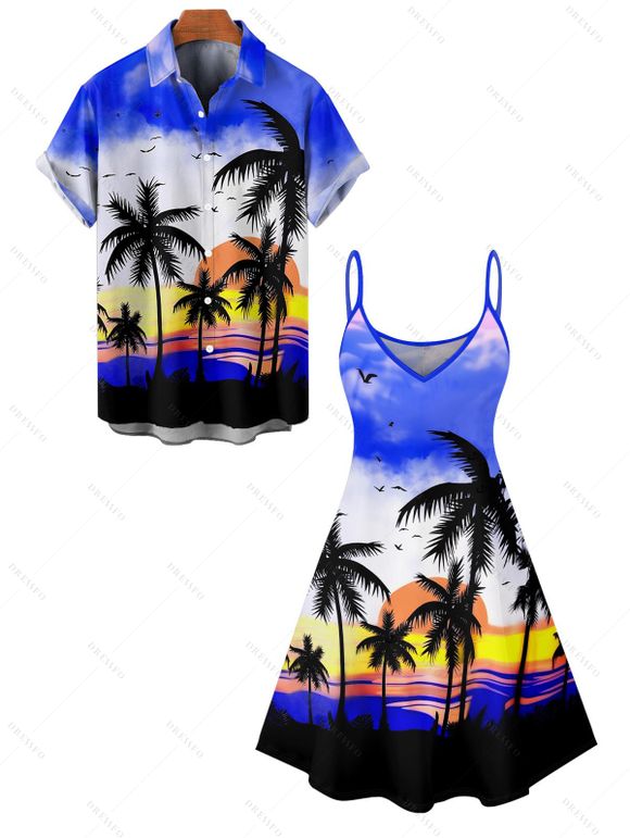 Vacation Couple Outfit Ombre Coconut Tree Print Spaghetti Strap Dress and Shirt Beach Set - Bleu S | US 4
