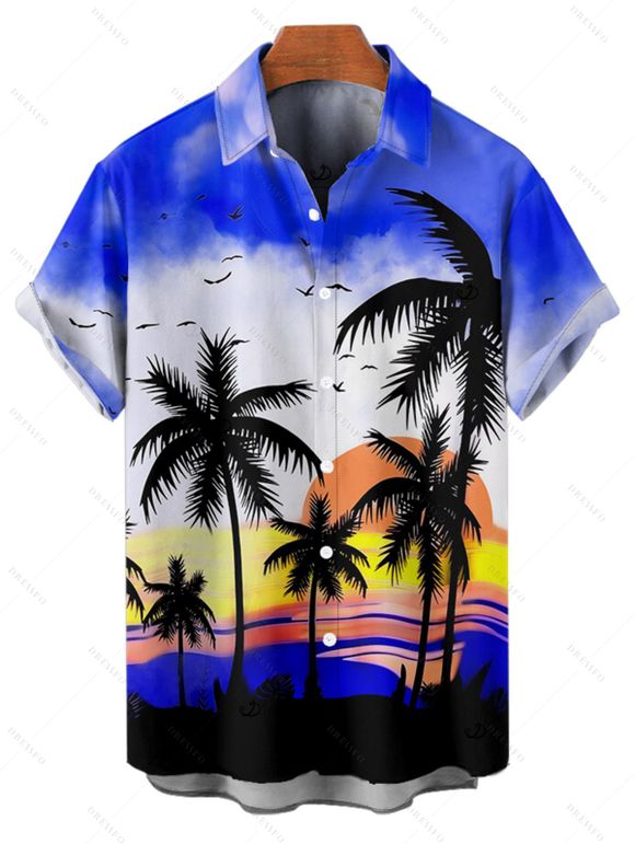 Vacation Couple Outfit Ombre Coconut Tree Print Spaghetti Strap Dress and Shirt Beach Set - Bleu S | US 4