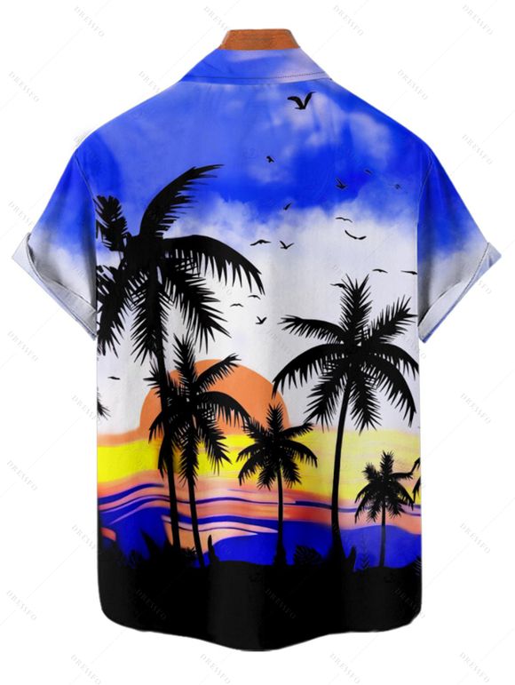 Vacation Couple Outfit Ombre Coconut Tree Print Spaghetti Strap Dress and Shirt Beach Set - Bleu S | US 4
