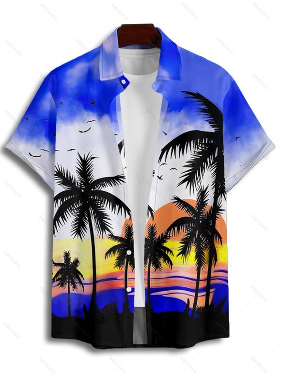 Vacation Couple Outfit Ombre Coconut Tree Print Spaghetti Strap Dress and Shirt Beach Set - Bleu S | US 4