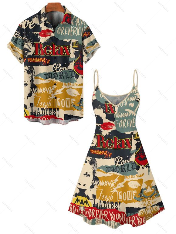 Vintage Couple Outfit Colorblock Letter Posters Style Print Mini Dress and Shirt Set - multicolor S | US 4