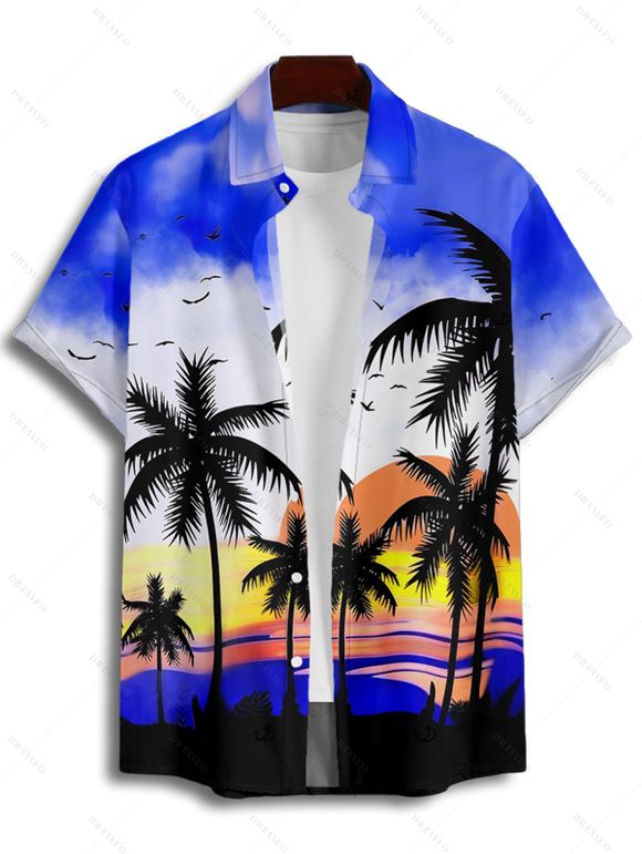 Chemise de vacances pour homme, imprimé paysage de cocotiers ombré, idéale pour la plage - Bleu 4XL
