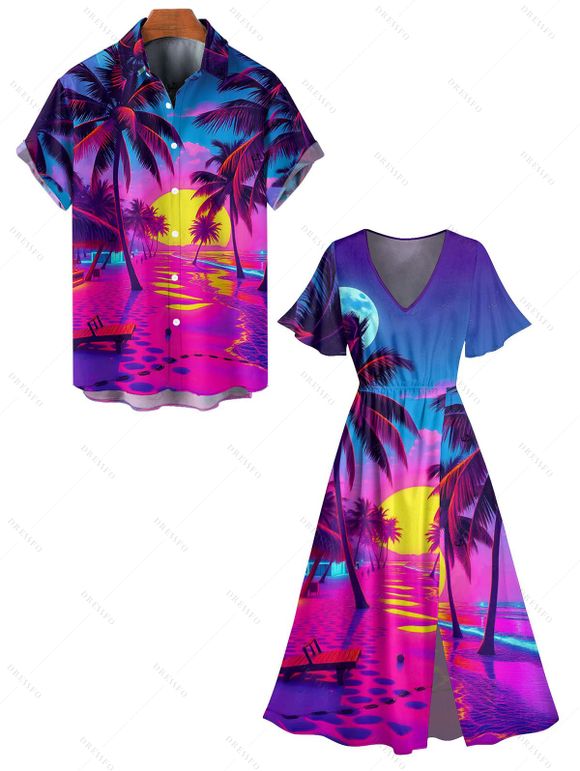 Vacation Couple Outfit for Beach Coconut Tree Print Slit Dress and Shirt Set - Rouge Rose S | US 4