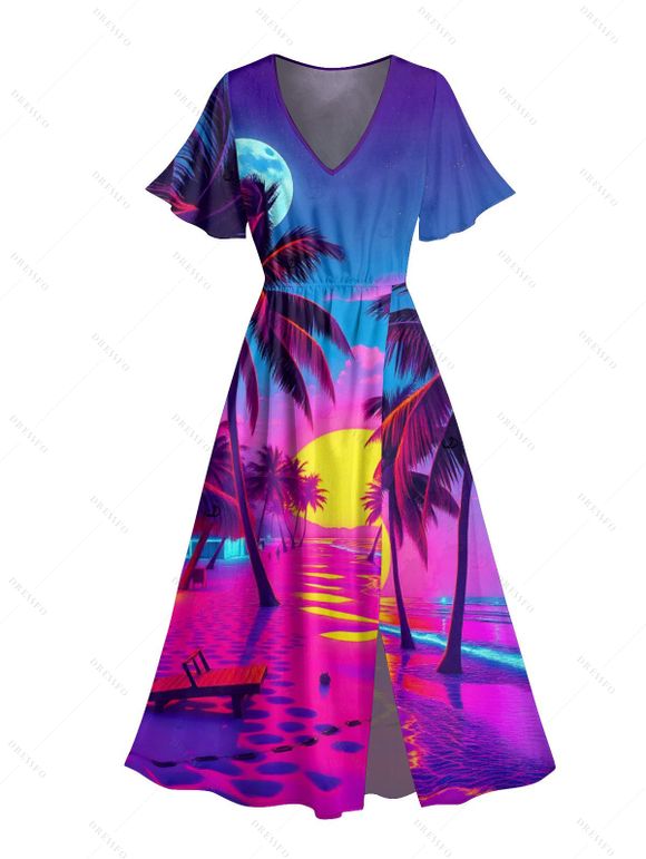 Vacation Couple Outfit for Beach Coconut Tree Print Slit Dress and Shirt Set - Rouge Rose S | US 4