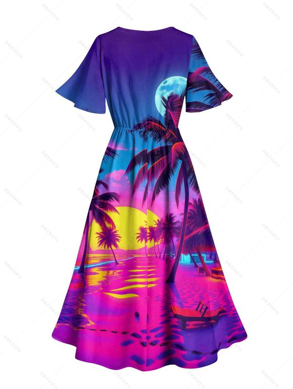 Vacation Couple Outfit for Beach Coconut Tree Print Slit Dress and Shirt Set - Rouge Rose S | US 4