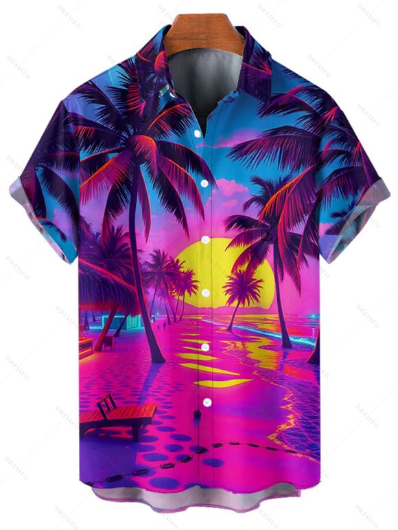 Vacation Couple Outfit for Beach Coconut Tree Print Slit Dress and Shirt Set - Rouge Rose S | US 4