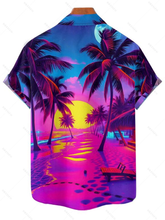 Vacation Couple Outfit for Beach Coconut Tree Print Slit Dress and Shirt Set - Rouge Rose S | US 4