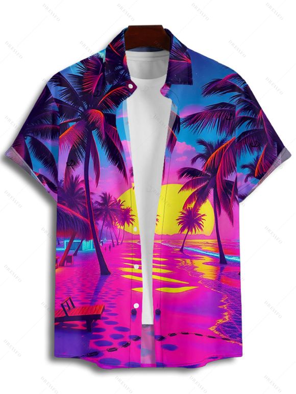 Vacation Couple Outfit for Beach Coconut Tree Print Slit Dress and Shirt Set - Rouge Rose S | US 4
