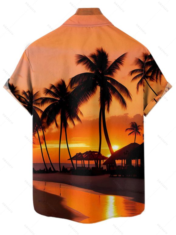 Chemise de plage boutonnée pour homme, imprimé cocotiers et coucher de soleil - Orange 2XL
