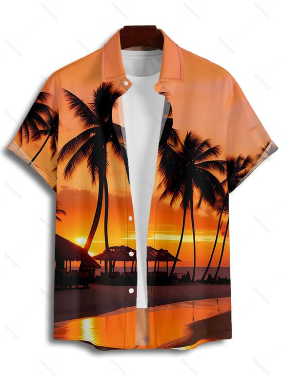 Chemise de plage boutonnée pour homme, imprimé cocotiers et coucher de soleil - Orange 2XL