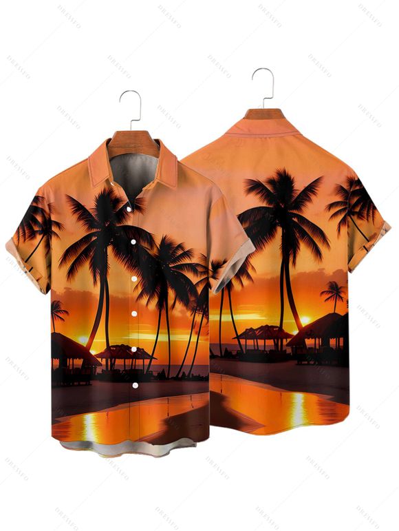 Chemise de plage boutonnée pour homme, imprimé cocotiers et coucher de soleil - Orange 2XL