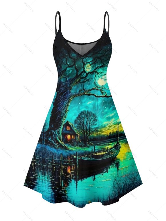 Robe de vacances à imprimé paysage forestier, mini-robe à bretelles spaghetti - Vert profond XXXXXL | US 20