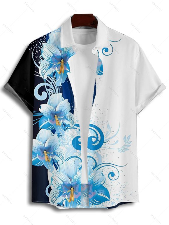 Chemise de vacances pour homme, boutonnée, à imprimé floral et couleur contrastée - Blanc 4XL
