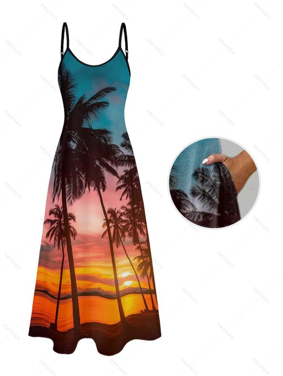 Robe de vacances longue à bretelles spaghetti et poches, imprimé paysage de plage et cocotier - Orange XXL | US 14