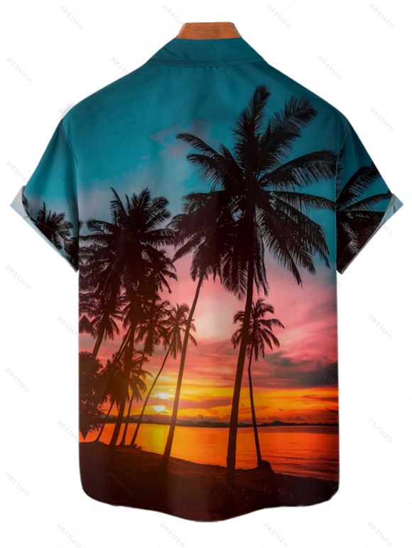 Chemise de vacances pour homme, boutonnée, imprimé paysage de plage et de cocotiers - Orange 4XL