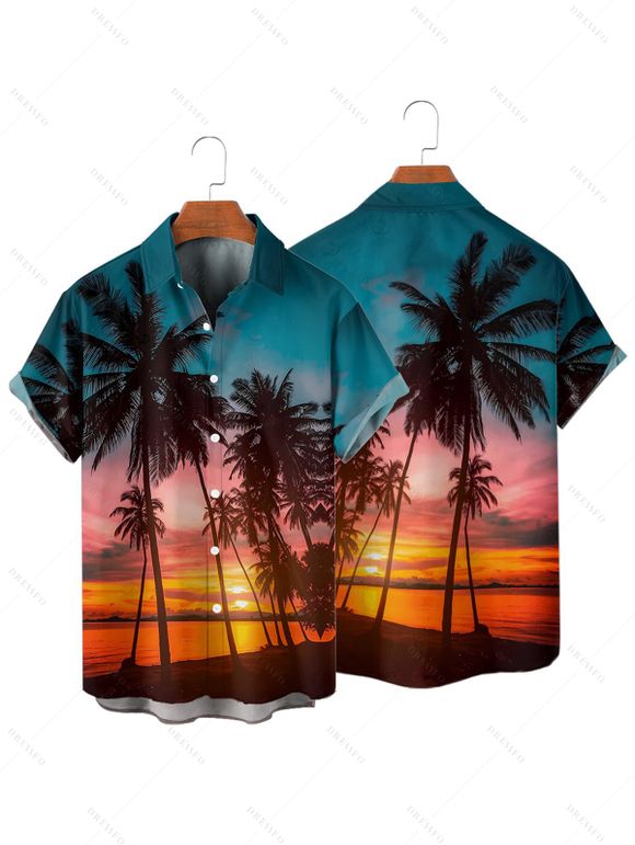 Chemise de vacances pour homme, boutonnée, imprimé paysage de plage et de cocotiers - Orange 4XL